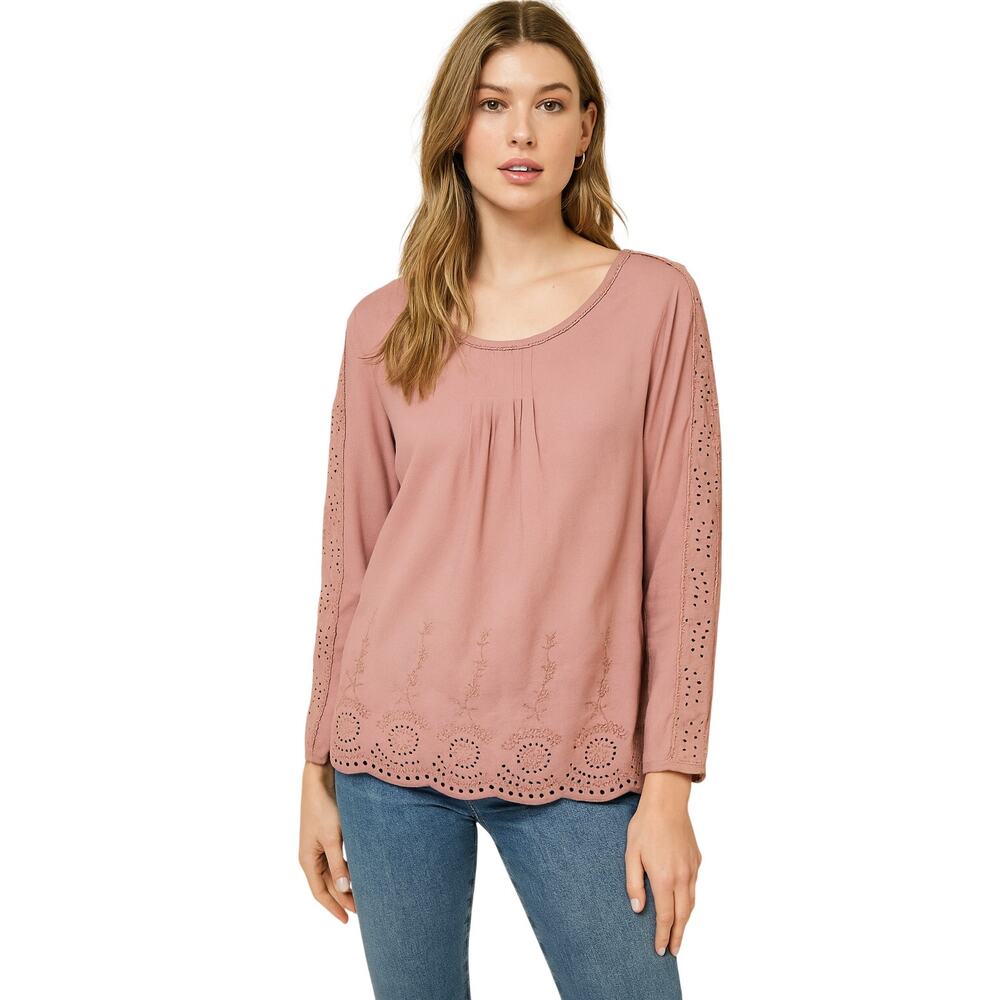 Boden Sz 12R Rose Blush Scoop Neck Eyelet Tunic Peasant Blouse Classic Minimal